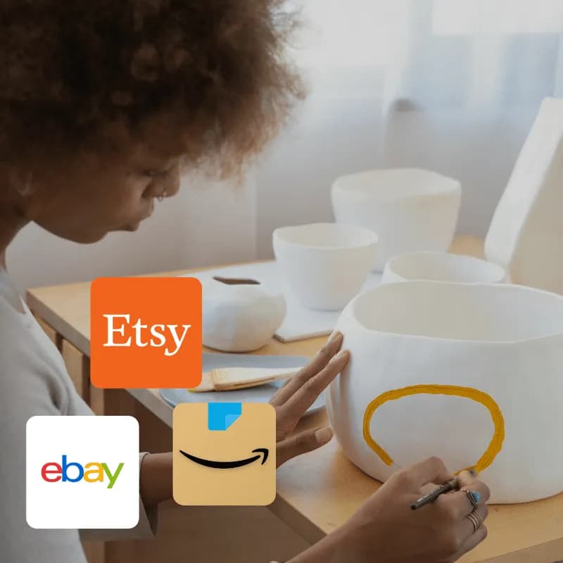 A potter at work, with the Etsy, eBay and Amazon logos