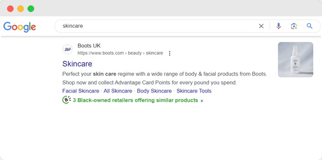 Black-owned alternatives beside a search results page