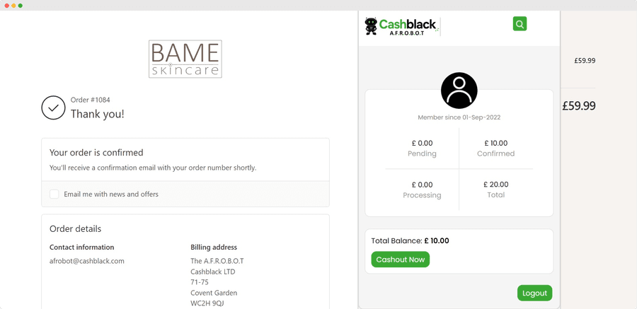 An order confirmation with the cashback tracked