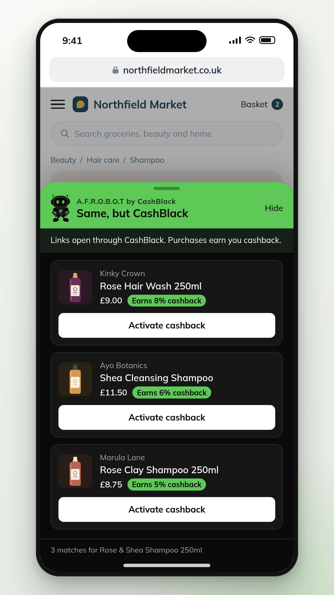 An animation of the A.F.R.O.B.O.T browser extension. On a store's product page for a shampoo, the A.F.R.O.B.O.T button finds three matching products from CashBlack brands, each showing the cash back it earns. The shopper activates cash back on the first and earns a First Swap badge.