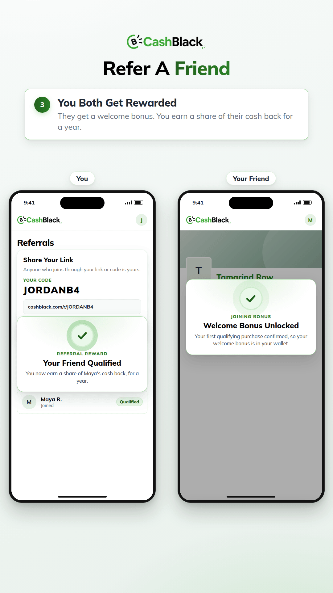 An animation of Refer a Friend, on two phones. A member copies their referral link and sends it to a friend. The friend joins through it with the code filled in and makes their first qualifying purchase. The friend's welcome bonus is unlocked and the member now earns a share of the friend's cashback for a year.